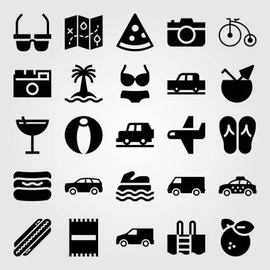 Yaz aylarında vektör Icon set. plaj havlusu, Yüzme Havuzu, deniz scooter ve uçak