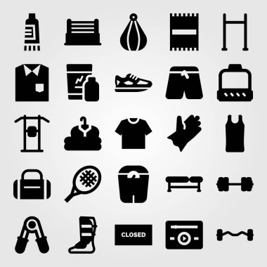 Fitness vektör Icon set. shinpad, sarsıntı ve spor gömlek bar, yukarı çek