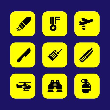 Askeri vektör Icon set. Uçak, helikopter, bıçak ve el bombası