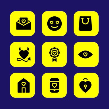 Sevgililer günü vektör Icon set. aşk, alışveriş çantası gülümse, mektup ve sevgi rozet seviyorum