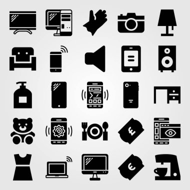 Alışveriş vektör Icon set. sessiz, laptop, fotoğraf makinesi ve kahve makinesi