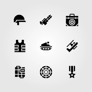 Silah vektör Icon set. makineli tüfek, kurşun geçirmez yelek, tank ve silah