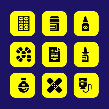 Tıp vektör Icon set. hap, yama, damla sayacı ve burun spreyi