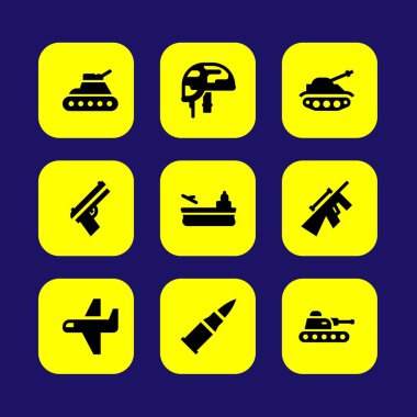 Askeri vektör Icon set. mermi, silah, kask ve uçak gemisi