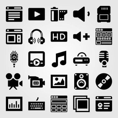 Multimedya vektör Icon set. mikrofon, analytics, video/müzik çalar ve radyo