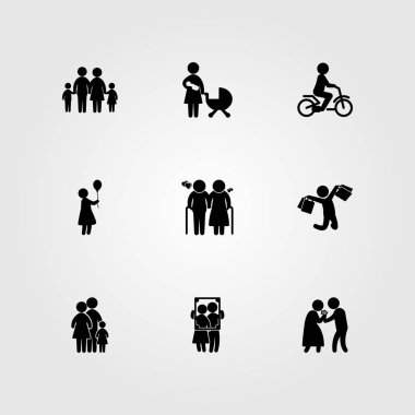 İnsanlar simge vektör ayarlayın. çıkarmaya, portre, ballon ile kadın ve erkek çantaları ile