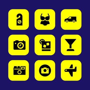 Yaz aylarında vektör Icon set. Van, fotoğraf makinesi, otomobil ve kamyon