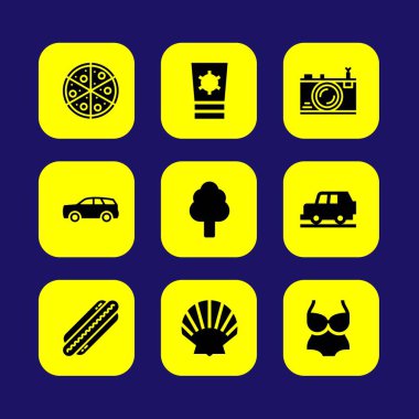 Yaz aylarında vektör Icon set. ağaç, kabuk, araba ve pizza