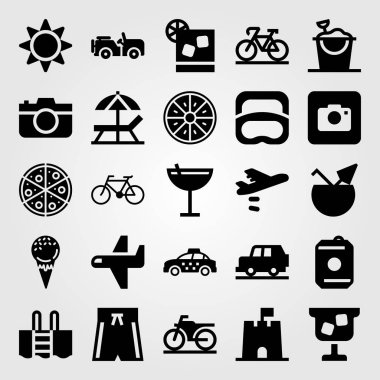 Yaz aylarında vektör Icon set. güneş şemsiyesi, kum kova, motosiklet ve Yüzme Havuzu