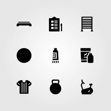 Fitness vektör Icon set. Bisiklet, sabit bisiklet, adım ve spor gömlek