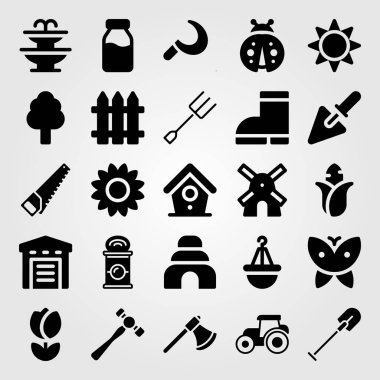Bahçe simge vektör ayarlayın. Orak, süt şişesi, arı kovanı ve sun flower