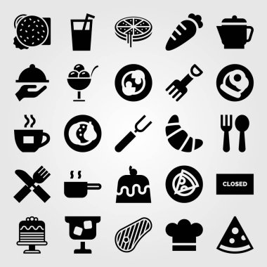 Restoran vektör Icon set. Pizza, kokteyl, suyu ve dondurma