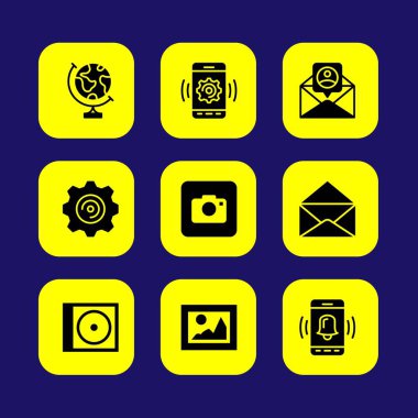 Temel vektör Icon set. Dünya Küre, smartphone, resim ve fotoğraf kamera