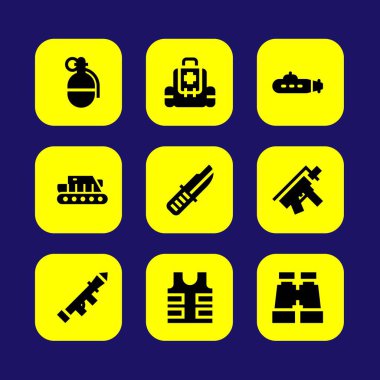 Silah vektör Icon set. ilk yardım çantası, başlatıcısı, denizaltı ve tank
