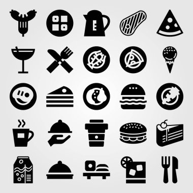 Restoran vektör Icon set. parça kek, meyve suyu, kokteyl ve portakal suyu