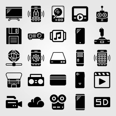 Teknoloji simge vektör ayarlayın. joystick, kredi kartı, dizüstü bilgisayar ve boombox