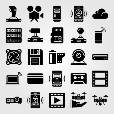 Teknoloji vektör Icon set. bellek, dizüstü bilgisayar, web kamerası ve kaset