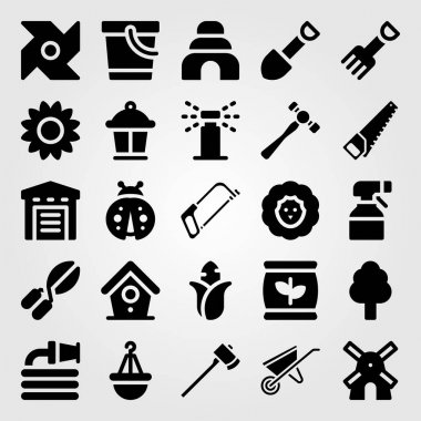 Bahçe simge vektör ayarlayın. kuş evi, ayçiçeği, gübre ve lamba