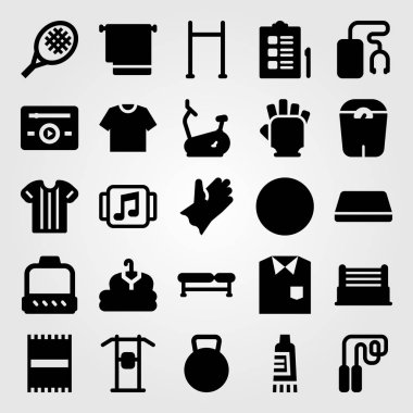 Fitness vektör Icon set. jimnastik minderi, eldiven, müzik çalar ve atlama