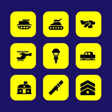 Askeri vektör Icon set. Uçak, helikopter, nursecy ve araba