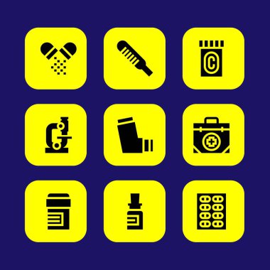 Tıp vektör Icon set. mikroskop, termometre, hap ve astım ilacı