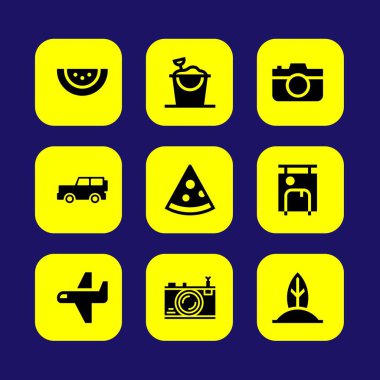 Yaz aylarında vektör Icon set. bavul, pizza, araba ve karpuz