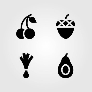 Meyve sebze Icon set vektör. avokado, kiraz, meşe palamudu ve pırasa