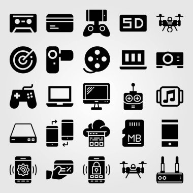 Teknoloji vektör Icon set. SD kart, camcoder, dizüstü bilgisayar ve yönlendirici