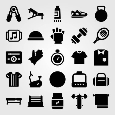 Fitness vektör Icon set. Bench press, tenis raketi, bosu topu ve kettlebell