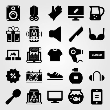 Alışveriş vektör Icon set. eldiven, fotoğraf makinesi, makas ve Hediyelik