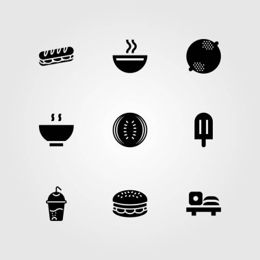 Yiyecek ve içecekler Icon set vektör. Dondurma, çorba, karpuz ve burger