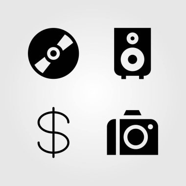 Düğmeler simgeler kümesi. Vektör çizim hoparlör, dolar, kompakt disk ve fotoğraf makinesi