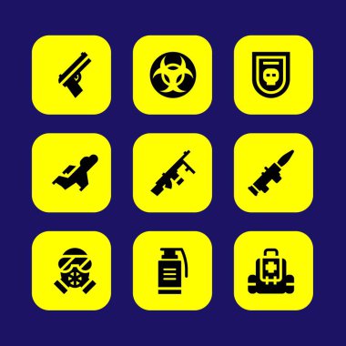 Silah vektör Icon set. silah, roka, bagde ve gaz maskesi