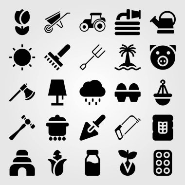 Bahçe vektör Icon set. el testeresi, güneş, ağaç ve çatal