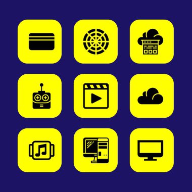 Teknoloji vektör Icon set. kredi kartı, müzik çalar, monitör ve Uzaktan kumanda