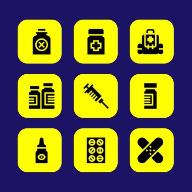 Tıp vektör Icon set. şişe, İlkyardım çantası, tıp ve yama