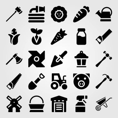 Bahçe simge vektör ayarlayın. Balta, lamba, çimlenme ve traktör