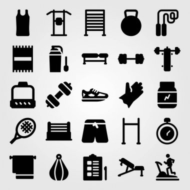 Fitness vektör Icon set. Kaptan, havlu, koşu bandı ve pantolon