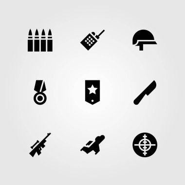 Silah vektör Icon set. kask, walkie talkie, savaşçı ve bıçak