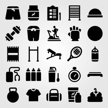 Fitness vektör Icon set. Halter, sarsıntı, havlu ve tenis raketi