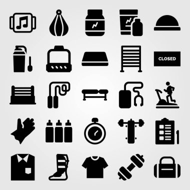 Fitness vektör Icon set. kasnak, protein, delme ve sıra sıkıştırma