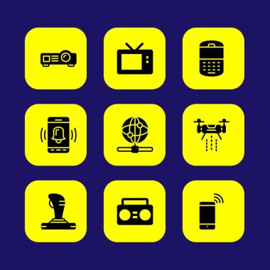 Teknoloji vektör Icon set. İnternet, telefon, uçak ve boombox