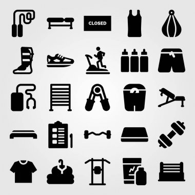 Fitness vektör Icon set. koşu bandı, jimnastik minderi, pantolon ve denetim listesi
