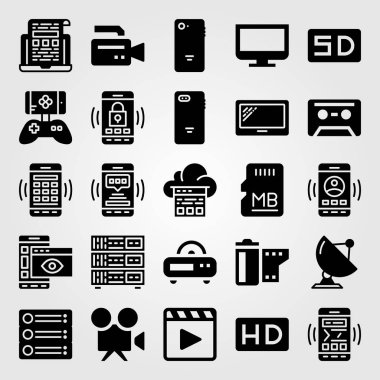 Teknoloji vektör Icon set. oyun kumandası, akıllı telefon, kaset ve radyo