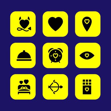 Sevgililer günü vektör Icon set. akşam yemeği, aşk yatak, aşk göz ve çikolata