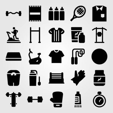 Fitness vektör Icon set. Mat, Boks eldiveni, koşu bandı ve sıra sıkıştırma