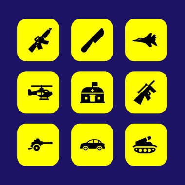 Askeri vektör Icon set. Araba, helikopter, tank ve bıçak