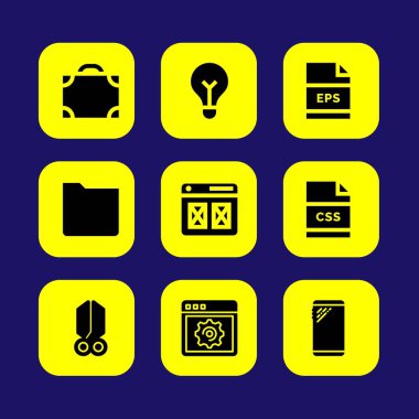 Web tasarım vektör Icon set. klasör, evrak çantası, css ve tarayıcı