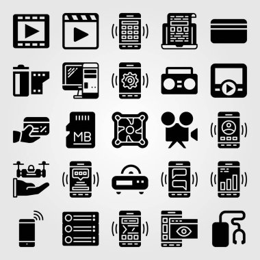 Teknoloji vektör Icon set. monitör, bellek, kredi kartı ve film rulo