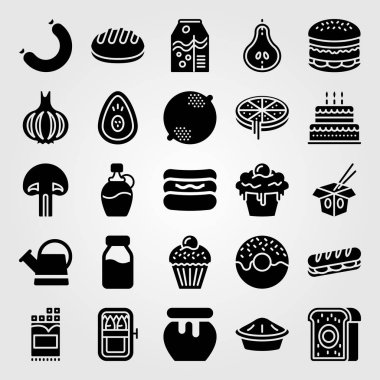 Yiyecek ve içecekler Icon set vektör. kek, ekmek, makarna ve armut